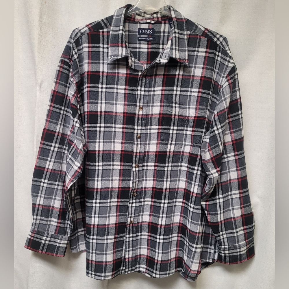 Chaps 4XB/4TF Brushed  Flannel Button-down Black Red Plaid Shirt 100% Cotton